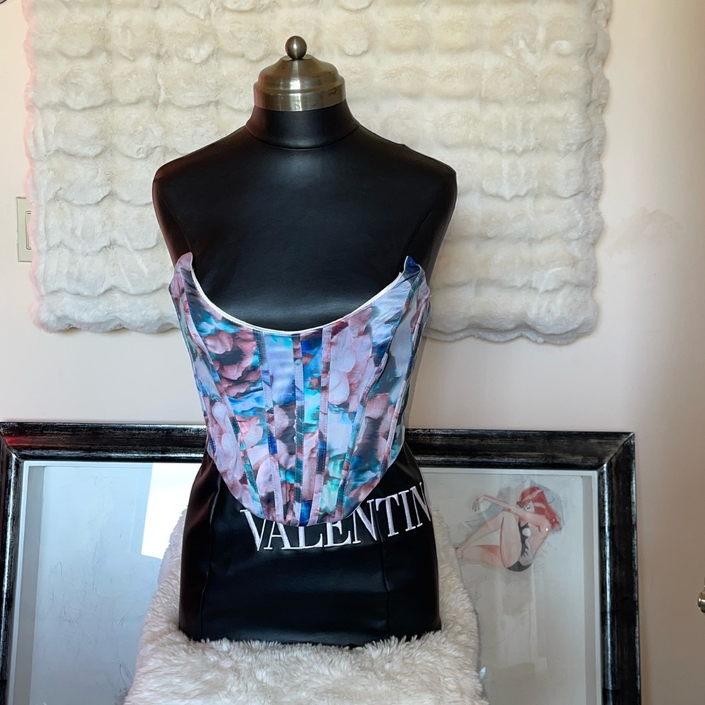 Bardot blue and pink satin corset slightly modified in the back half corset